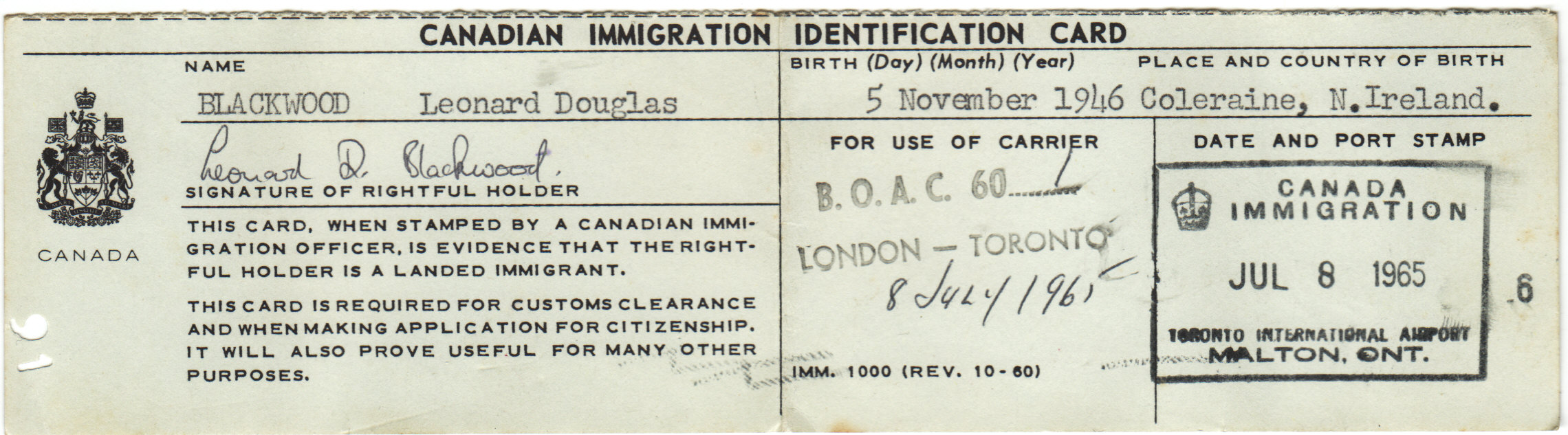 Immigration card